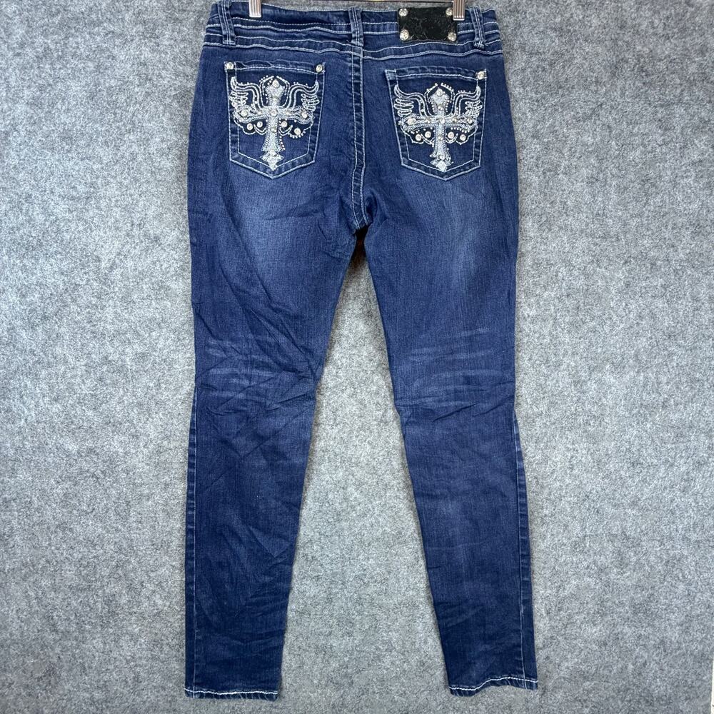 ViVi Diva Jeans Women 14 Y2K Blue Cross Studded Rhinestone Embellished‎ Skinny